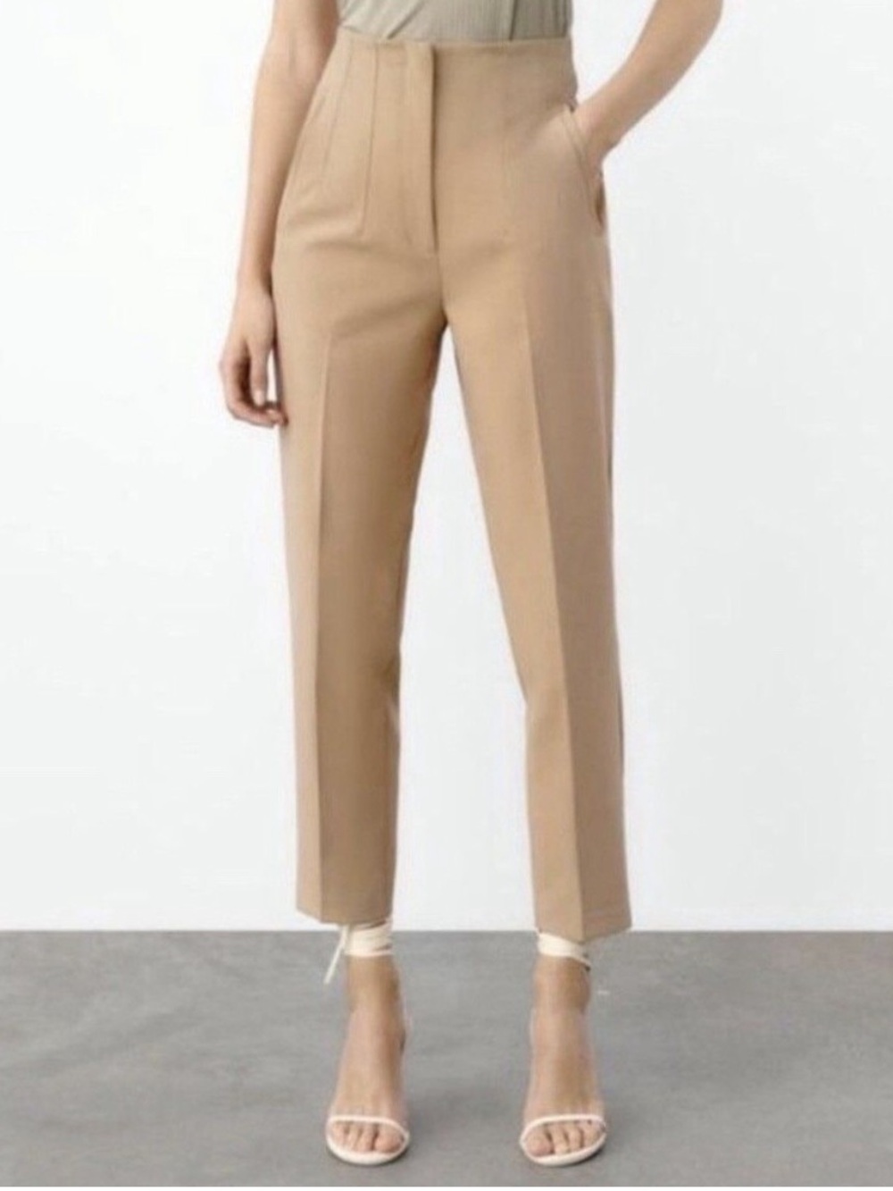 Zara- Tailored High-Rise Slim Ankle Pants - Beige (Large)